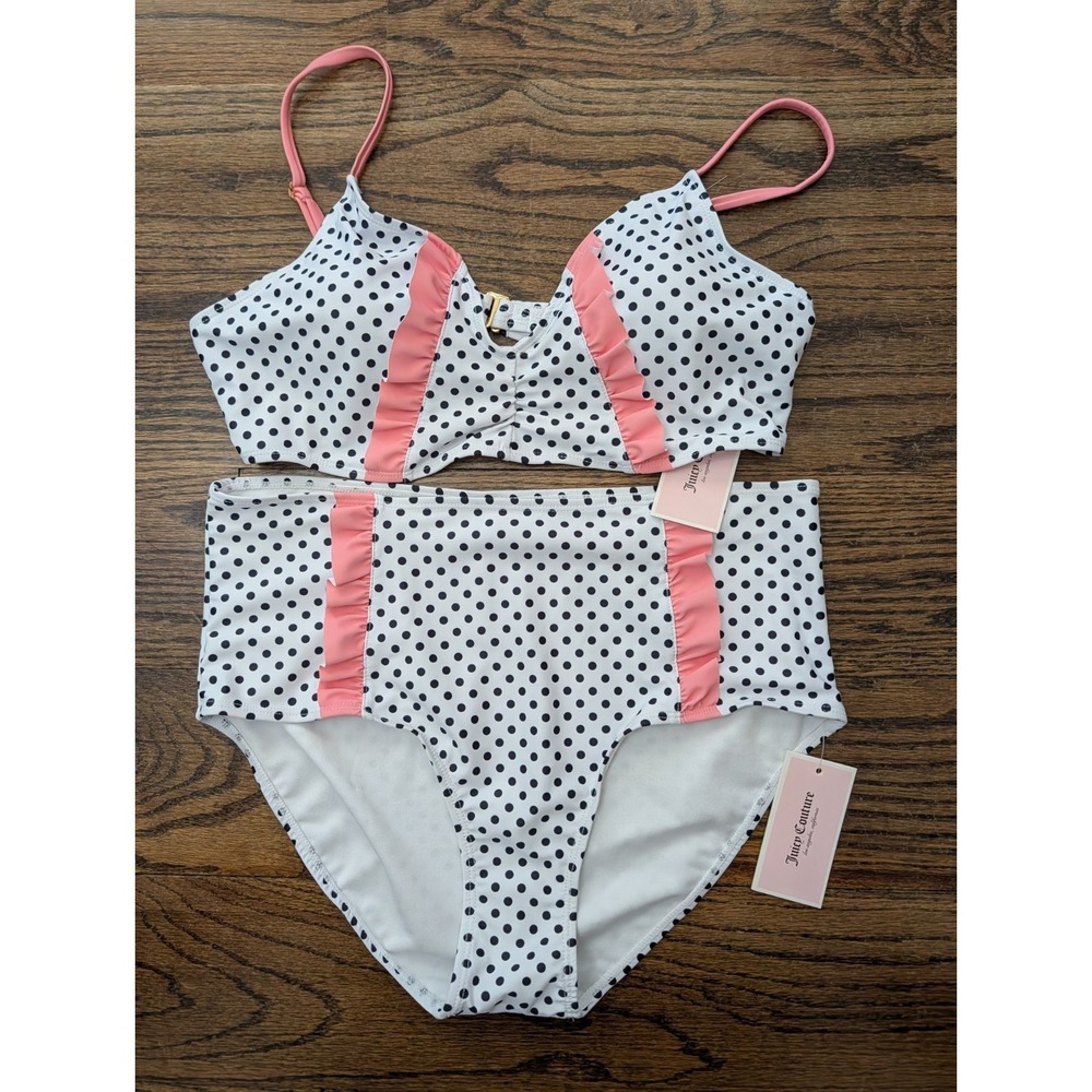 Juicy Couture Retro Bikini Polka Dot Pink Ruffle High Waist Pinup Girl Sz L